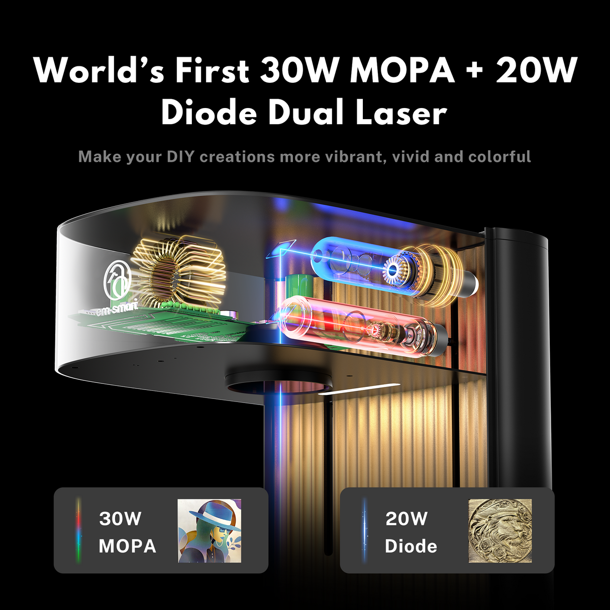 EM-Smart Dual 2 30W Mopa + 20W Diode Desktop Laser Engraver