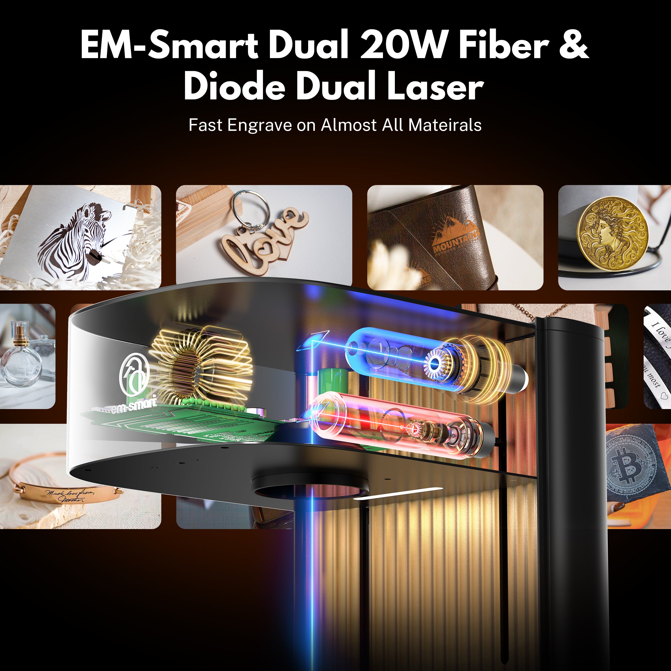 EM-Smart Dual Desktop Laser Engraver with 20W Fiber & Diode